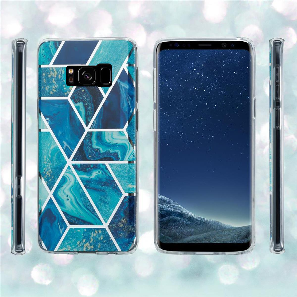 Telefono e custodia con design in marmo blu. Sono mostrate anche viste laterali. Il testo a sinistra è PROTEGGI IL TELEFONO.