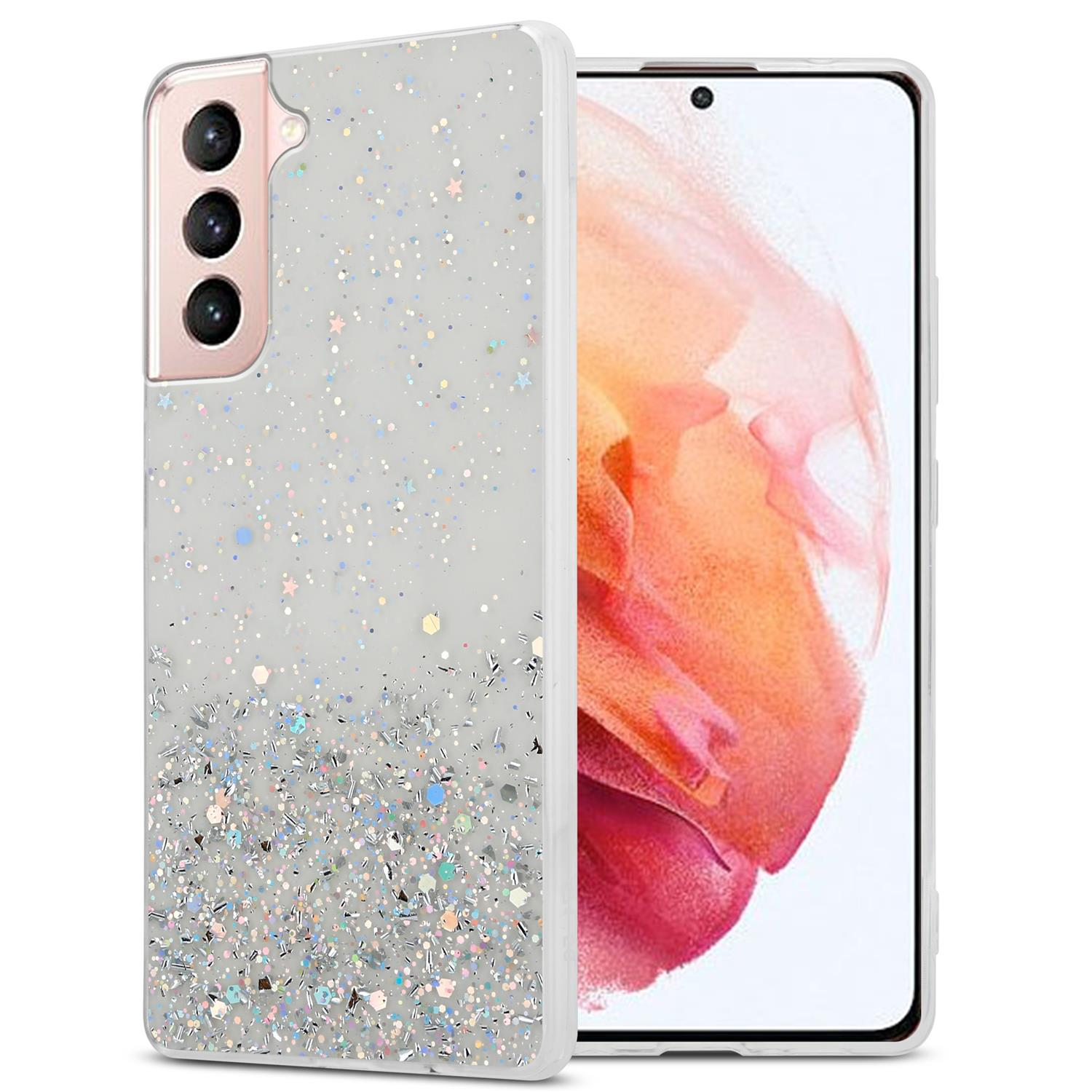 Glitzer-Handyhülle mit einem Telefon. Glitzer ist sichtbar.