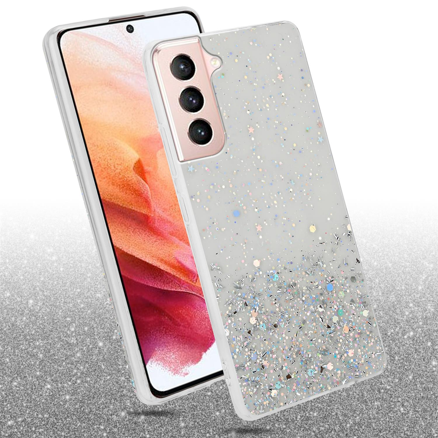 Ein Telefon mit einer glitzernden Hülle. Das Telefon ist silber und weiß.