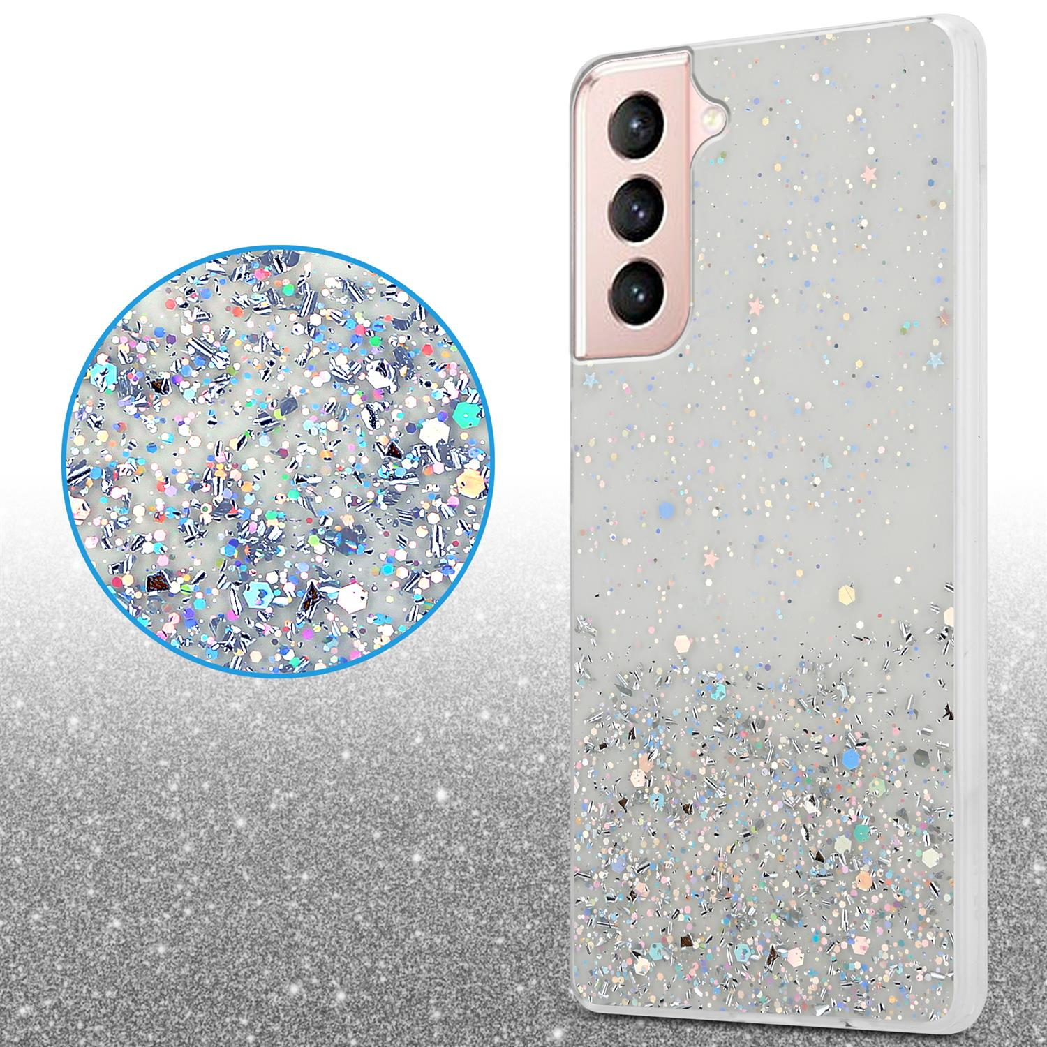 Handyhülle mit Glitzer. Silberne Glitzer auf weißem Hintergrund. Nahaufnahme der glitzernden Hülle.