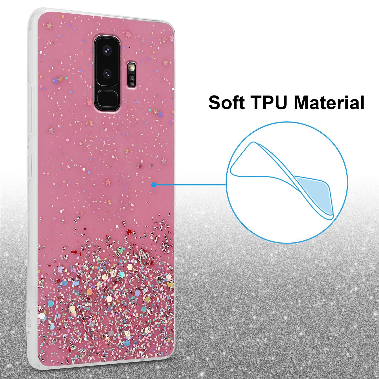 Eine pinkfarbene Glitzer-Handyhülle mit Glitzer, die auf einer glitzernden Oberfläche liegt, betont weiches TPU-Material.