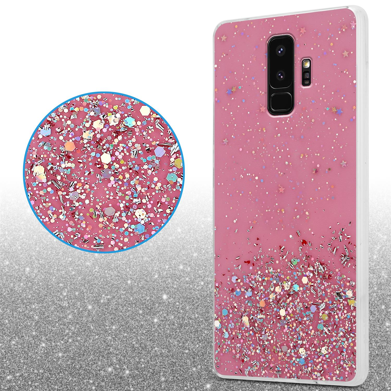 CADORABO Schutzhülle Samsung, Glitter, mit PLUS, funkelnden Glitter Galaxy mit S9 Rosa Backcover
