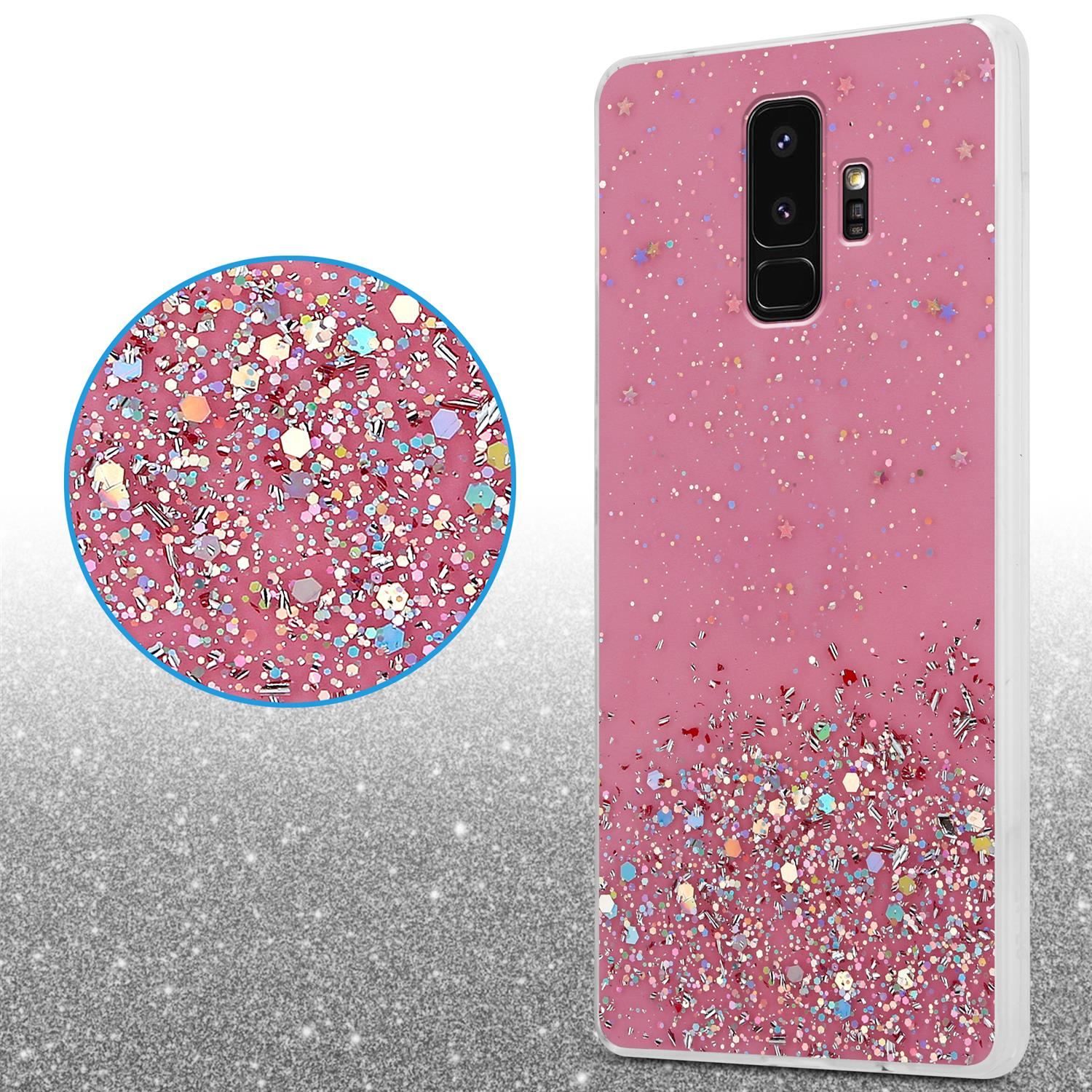 Handyhülle mit Glitzer. Rosa und weiße Farben. Makroaufnahme mit Glitzerdetails.