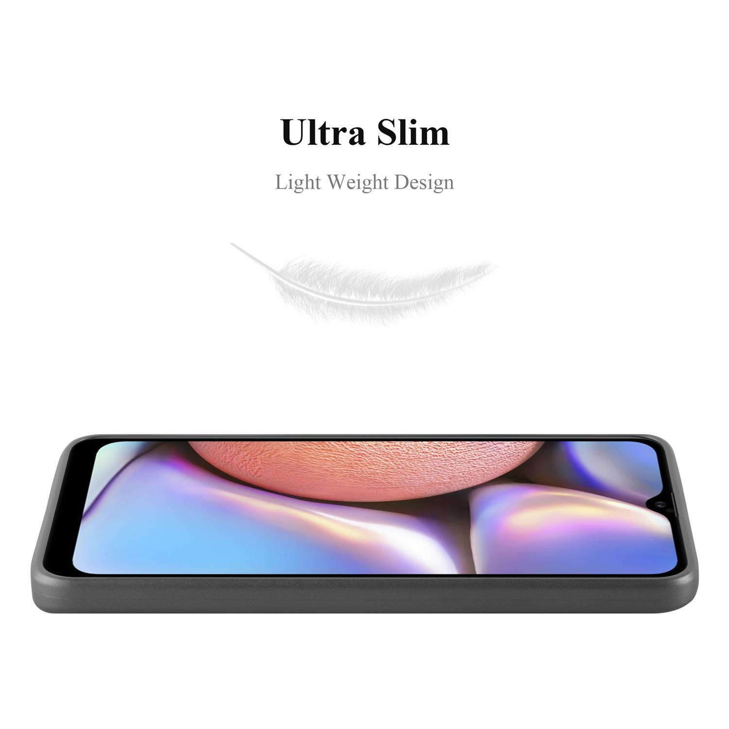 Ein schwarzes Telefon in einer Hülle, darüber eine Feder. Text: Ultra Slim, Light Weight Design.
