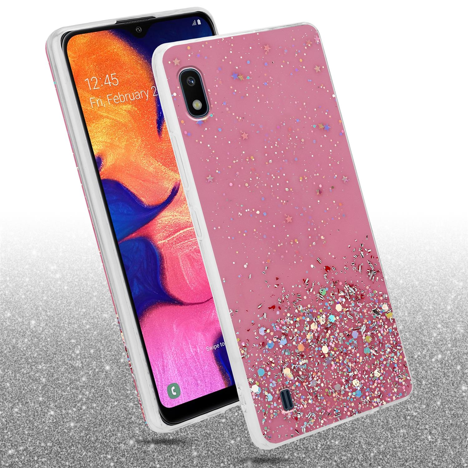 Zwei Telefone mit Hüllen. Eine rosa Glitzerhülle, die andere zeigt den Bildschirm.