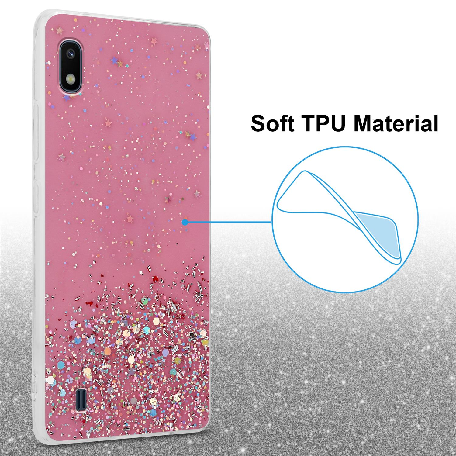 Eine rosa Handyhülle mit Glitzer. Der Text lautet Soft TPU Material.