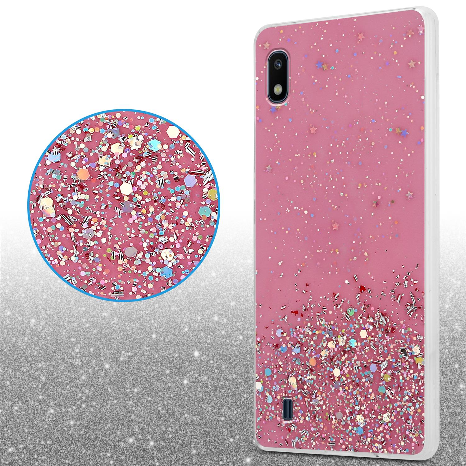 Nahaufnahme einer Handyhülle mit Glitzer. Weiß und Rosa.