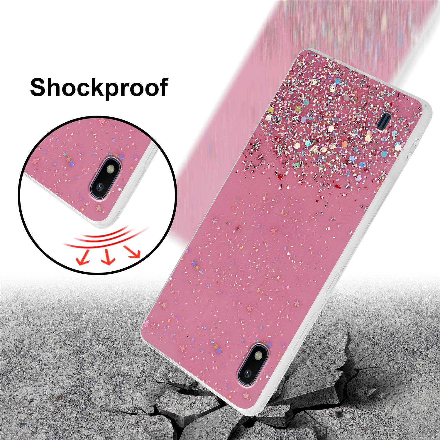Eine rosa Handyhülle mit Glitzer auf einer zerbrochenen Oberfläche, mit dem Text stoßfest.