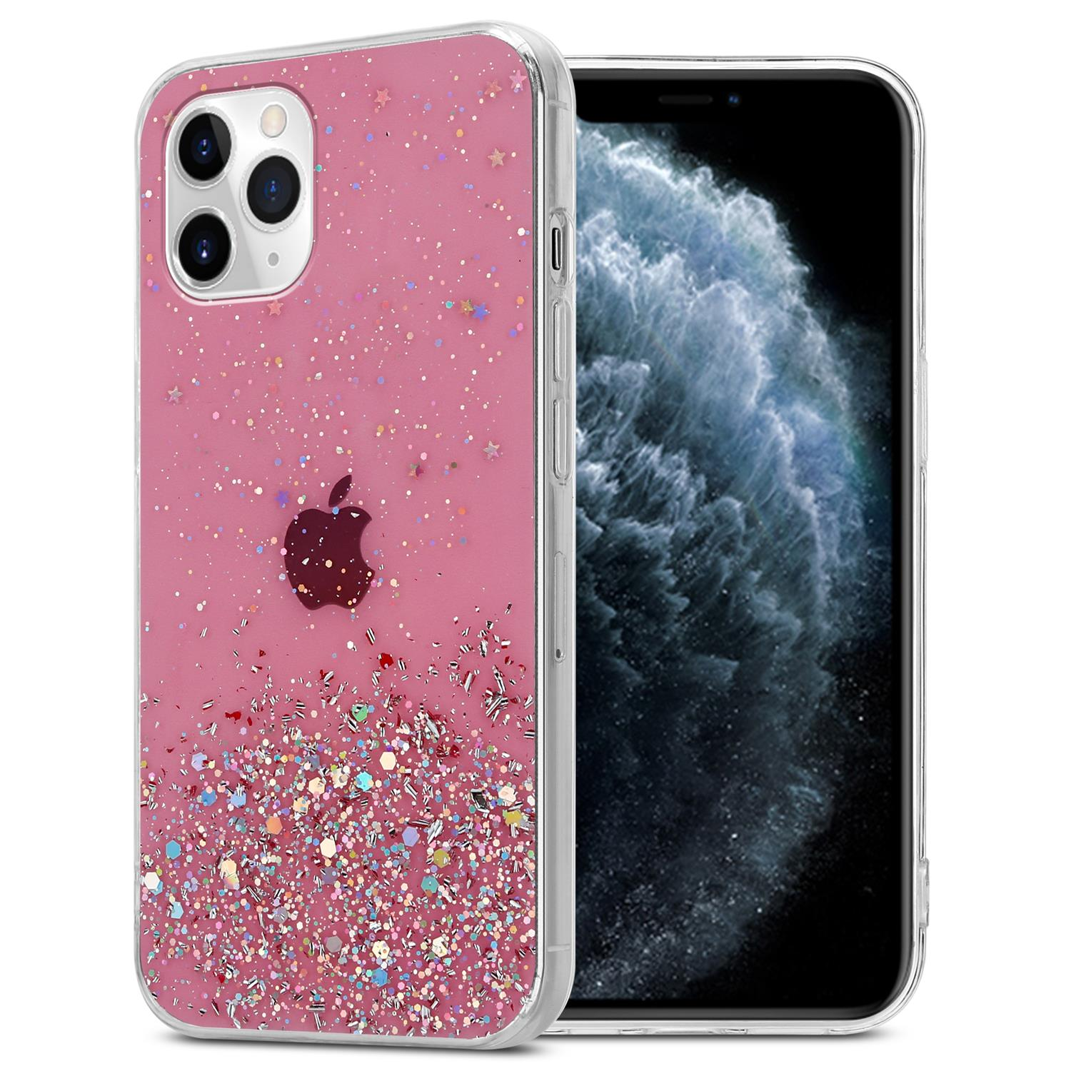 Rosa Glitzer-Handyhülle auf einem Telefon mit weißem Rahmen, schwarzes Apple-Logo.
