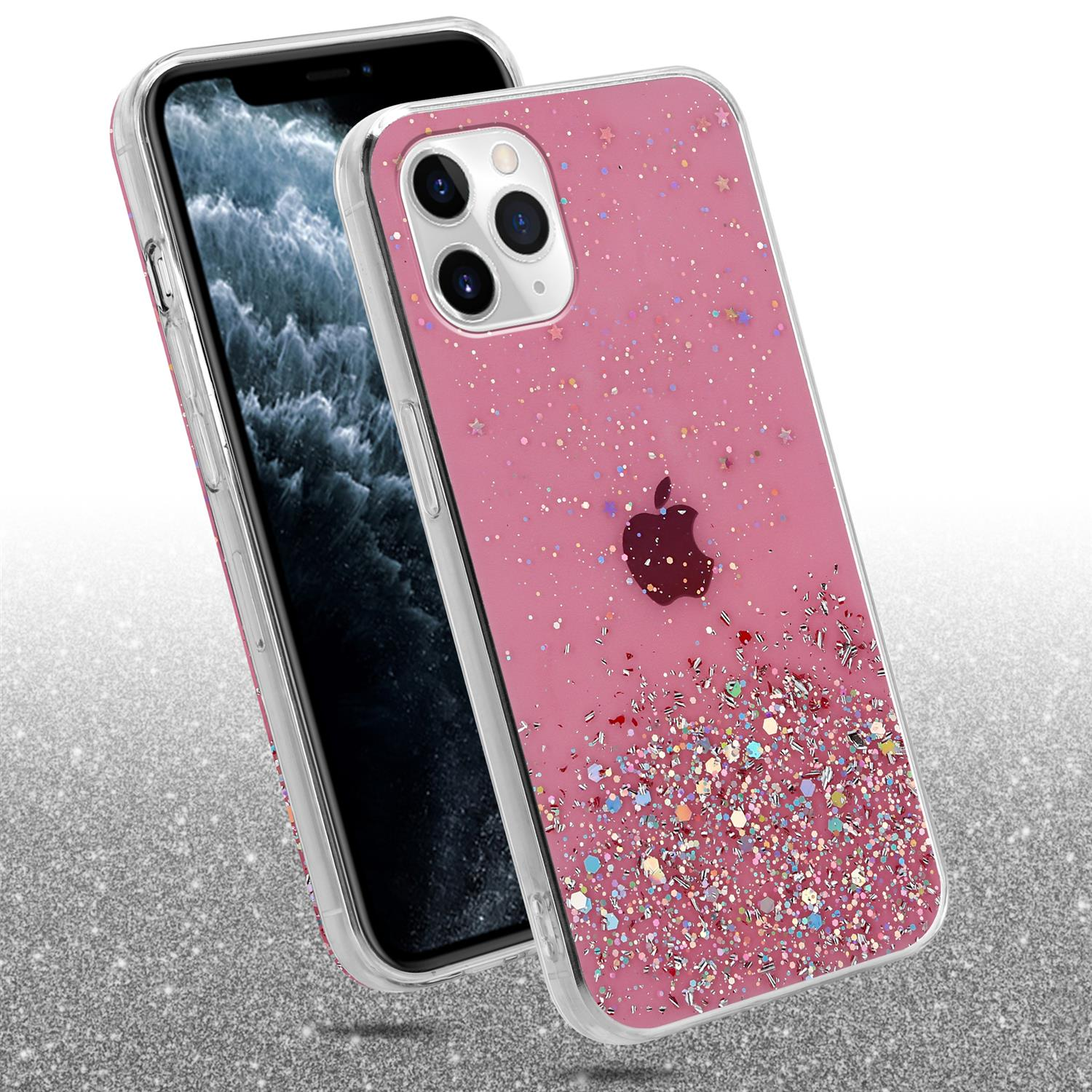 Ein Telefon in einer rosa Glitzerhülle, mit einem Apfel-Logo. Die Hülle hat Sterne und einen glitzernden Boden.