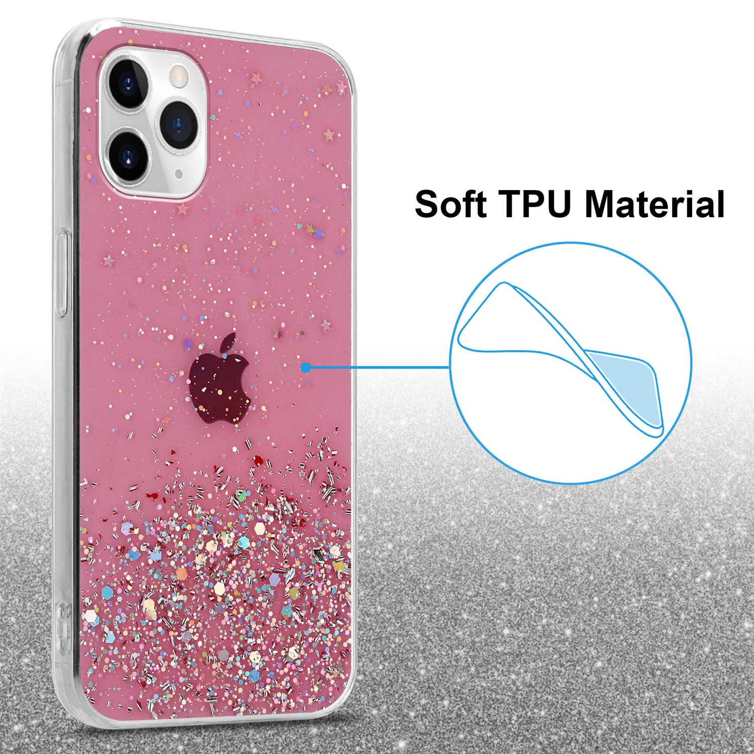 Rosa Handyhülle mit Glitzer und Logo. Klarer Hintergrund mit blauem Kreis.