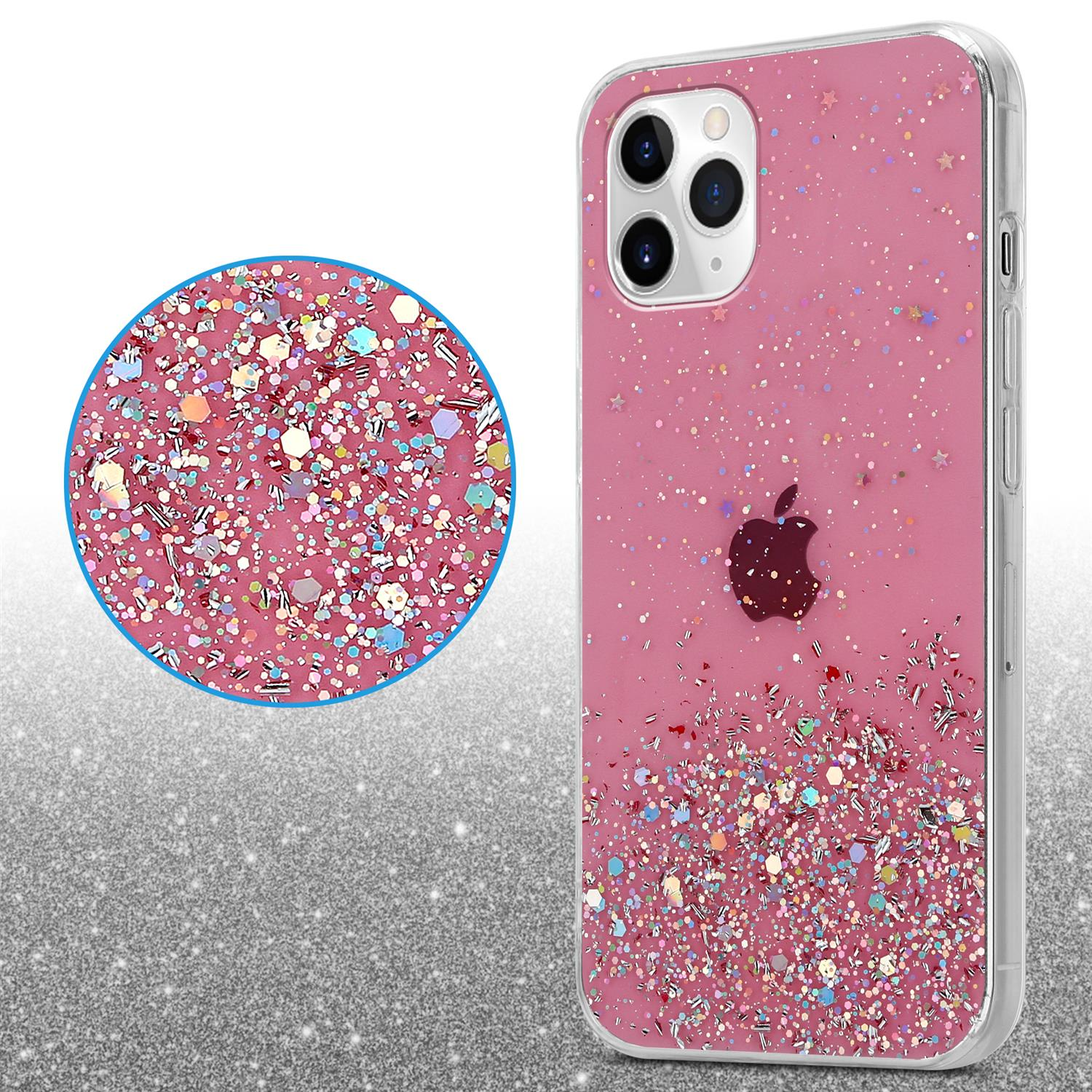 Rosa Handyhülle mit Glitzer und Apple-Logo. Vergrößerte Ansicht von Glitzer links.