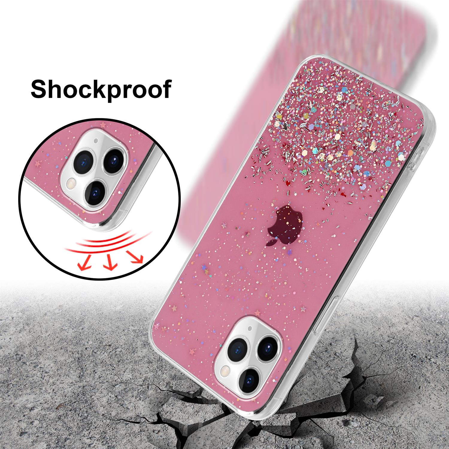 Handyhülle mit rosa Glitzerdesign, liegt auf rissigem Beton. Text: Stoßfest.