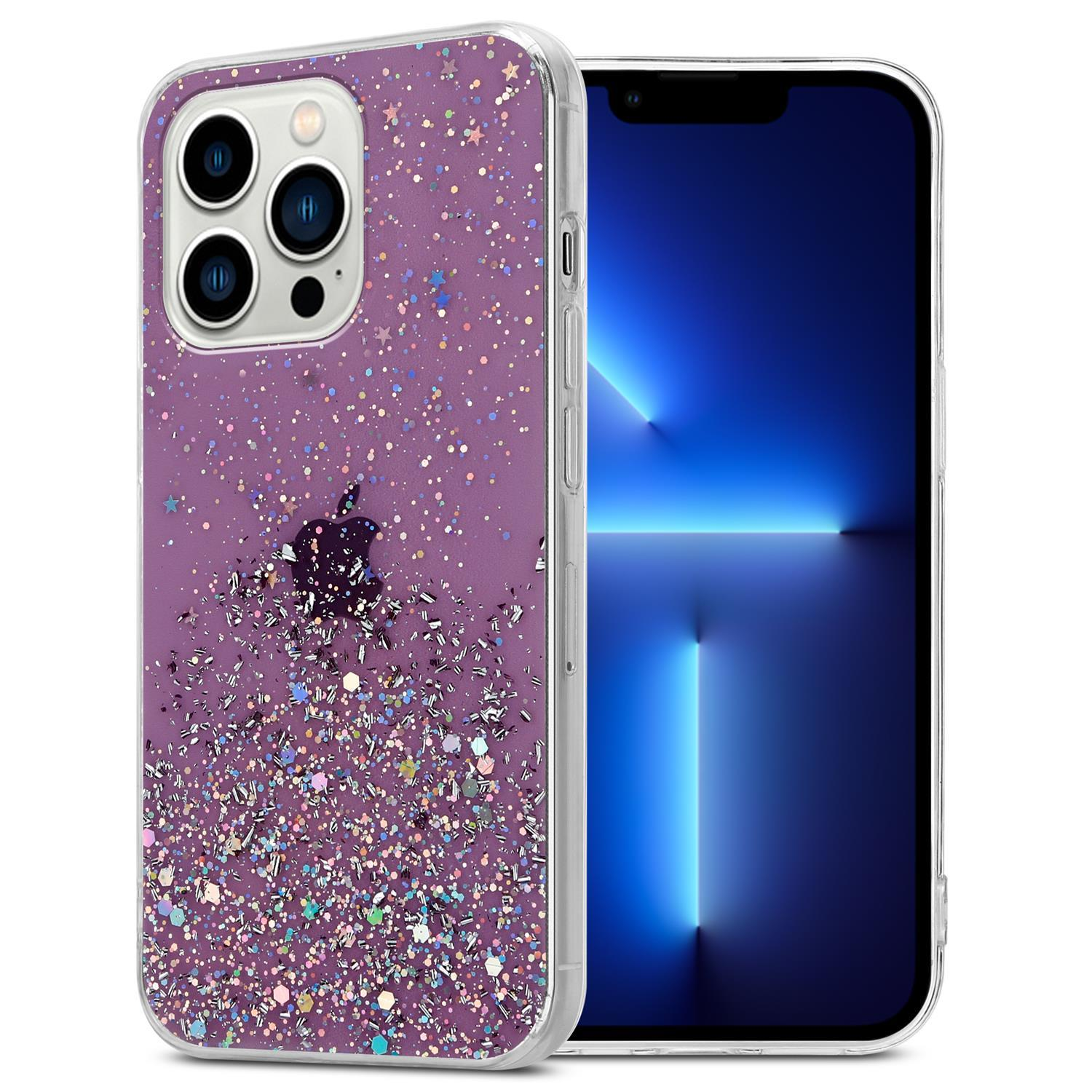 Ein Telefon in einer glitzernden lila Hülle. Das Apple-Logo ist sichtbar.