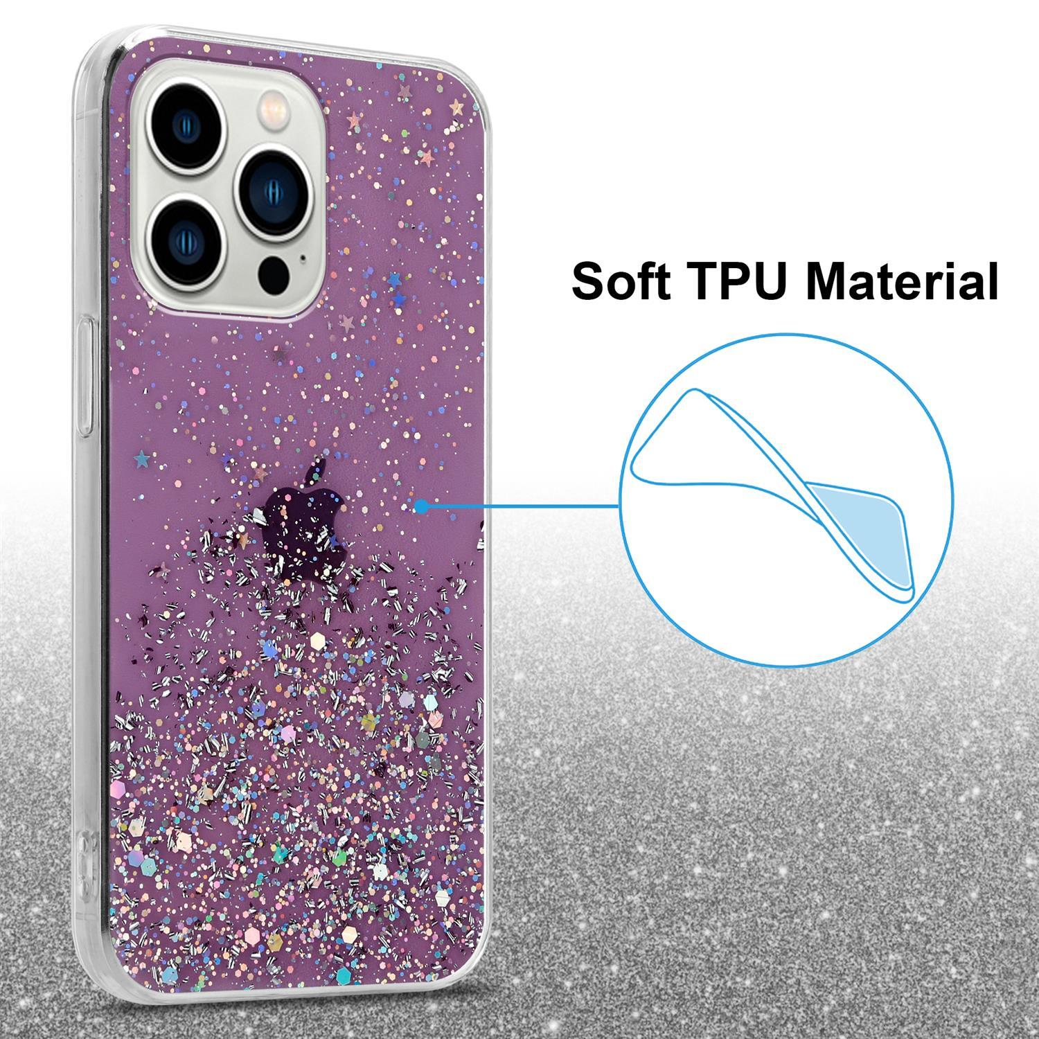 Eine lila glitzernde Handyhülle mit einer Kamera. Der Hintergrund ist auch glitzernd.