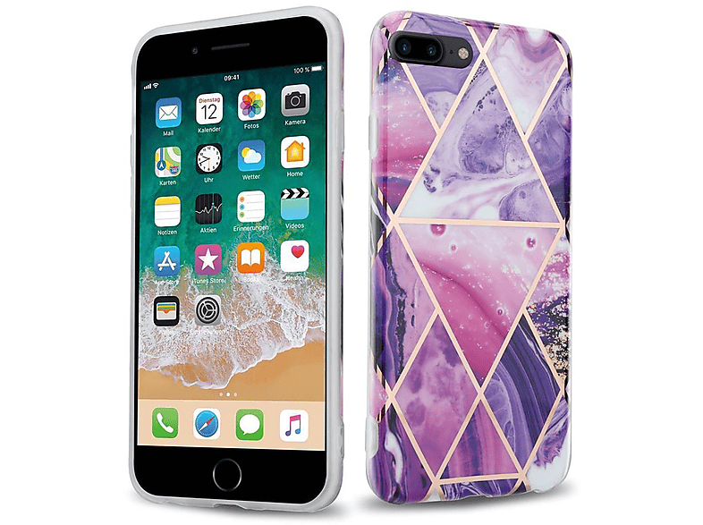 PLUS / iPhone Backcover, Marmor Marmor, CADORABO Apple, 7S 8 Bunter TPU No. Lila IMD PLUS, PLUS Hülle Welle 7 / 14