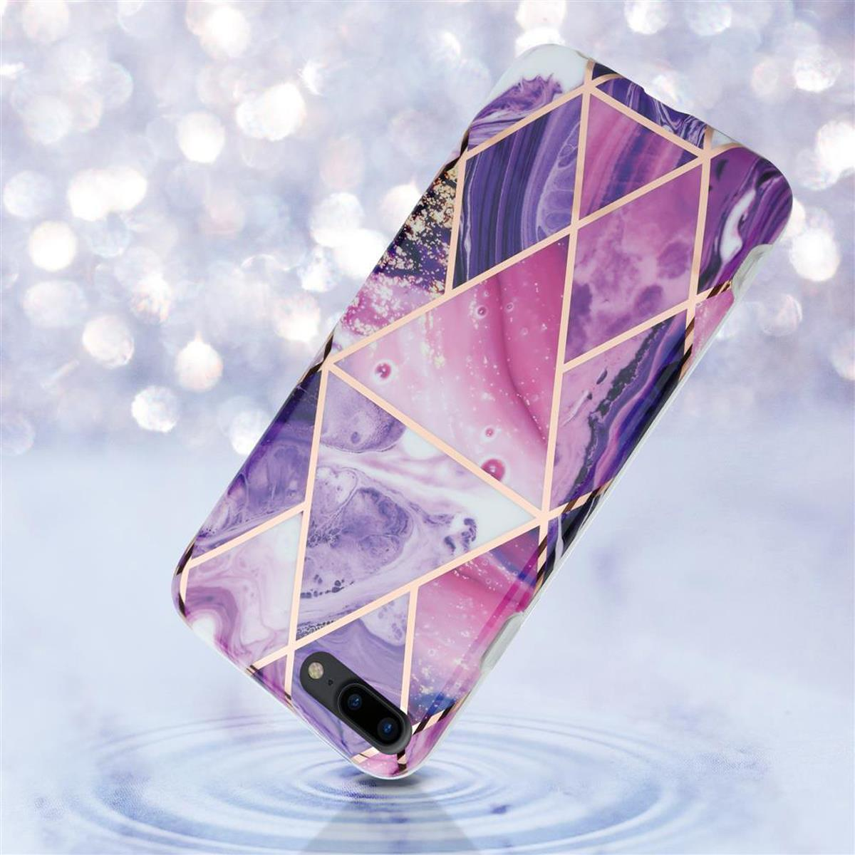 Ein Telefon in einer Hülle mit geometrischem Muster. Das Design hat Rosa, Lila und Gold.