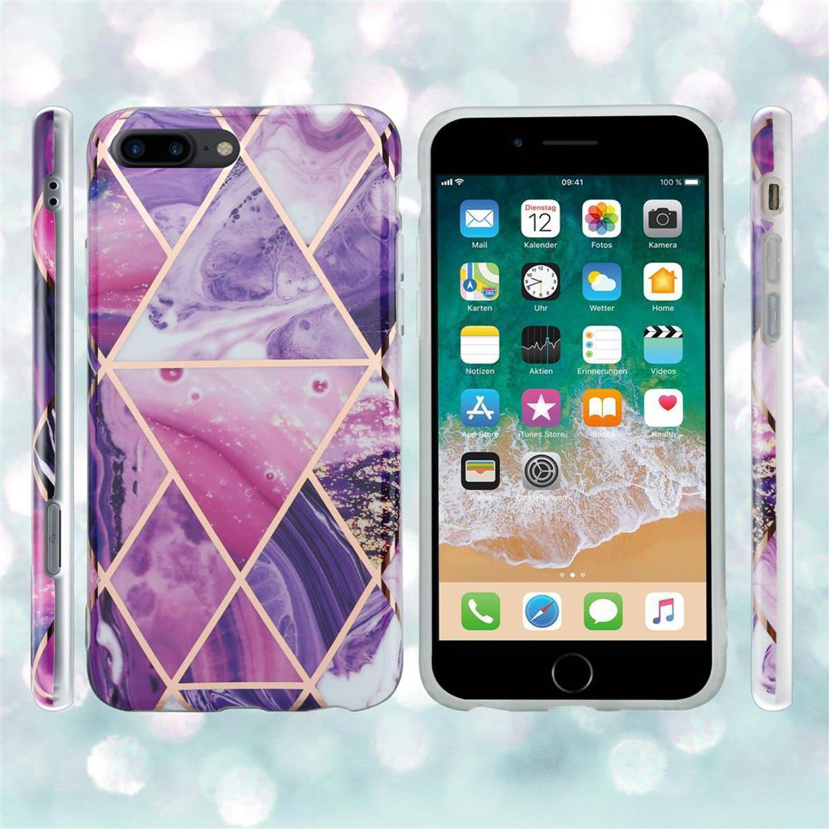 Telefon und Hülle mit Marmordesign in Rosa, Lila und Gold. Hülle links, Telefon rechts.