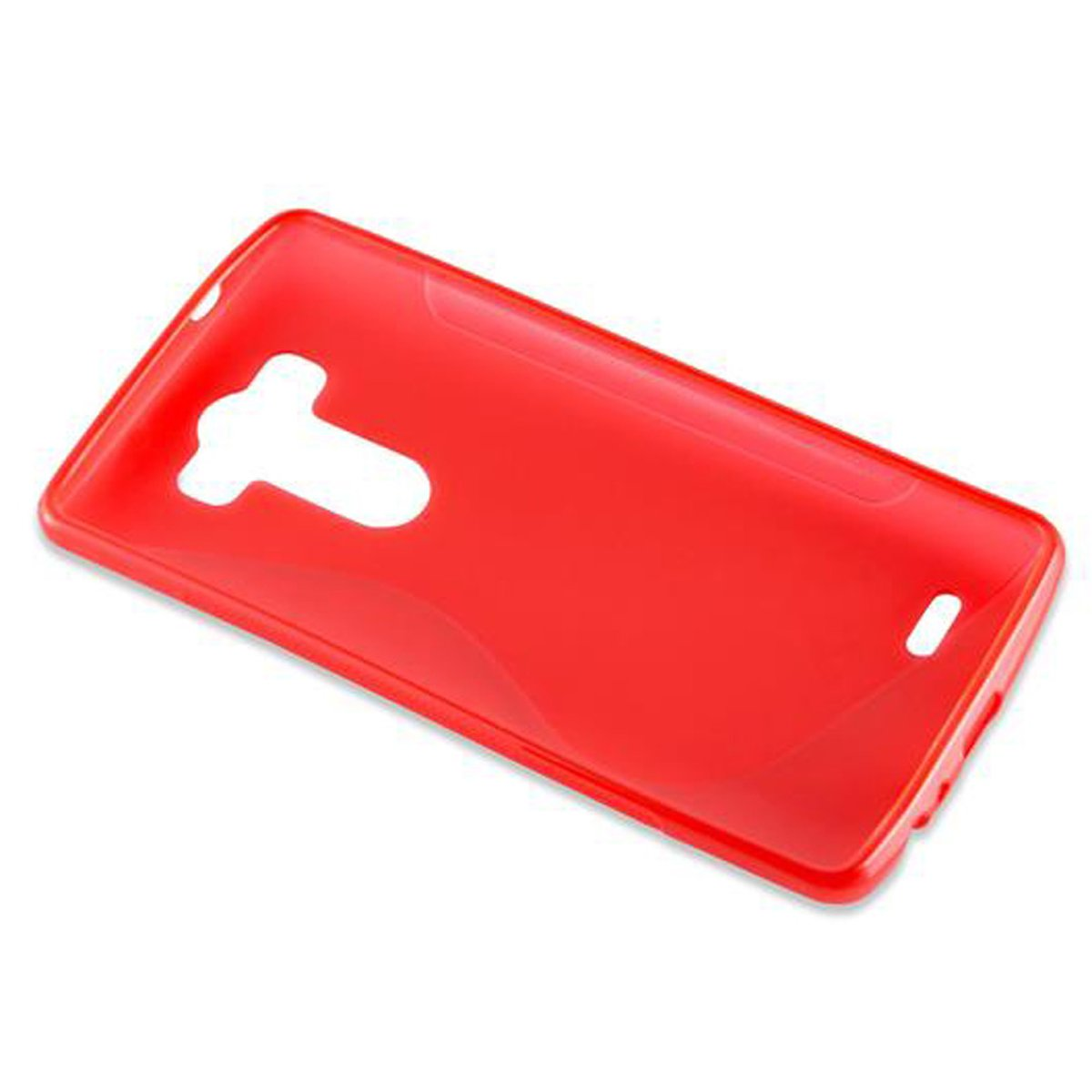 Funda de teléfono roja con un agujero en forma de T. La funda es lisa y tiene un acabado brillante.