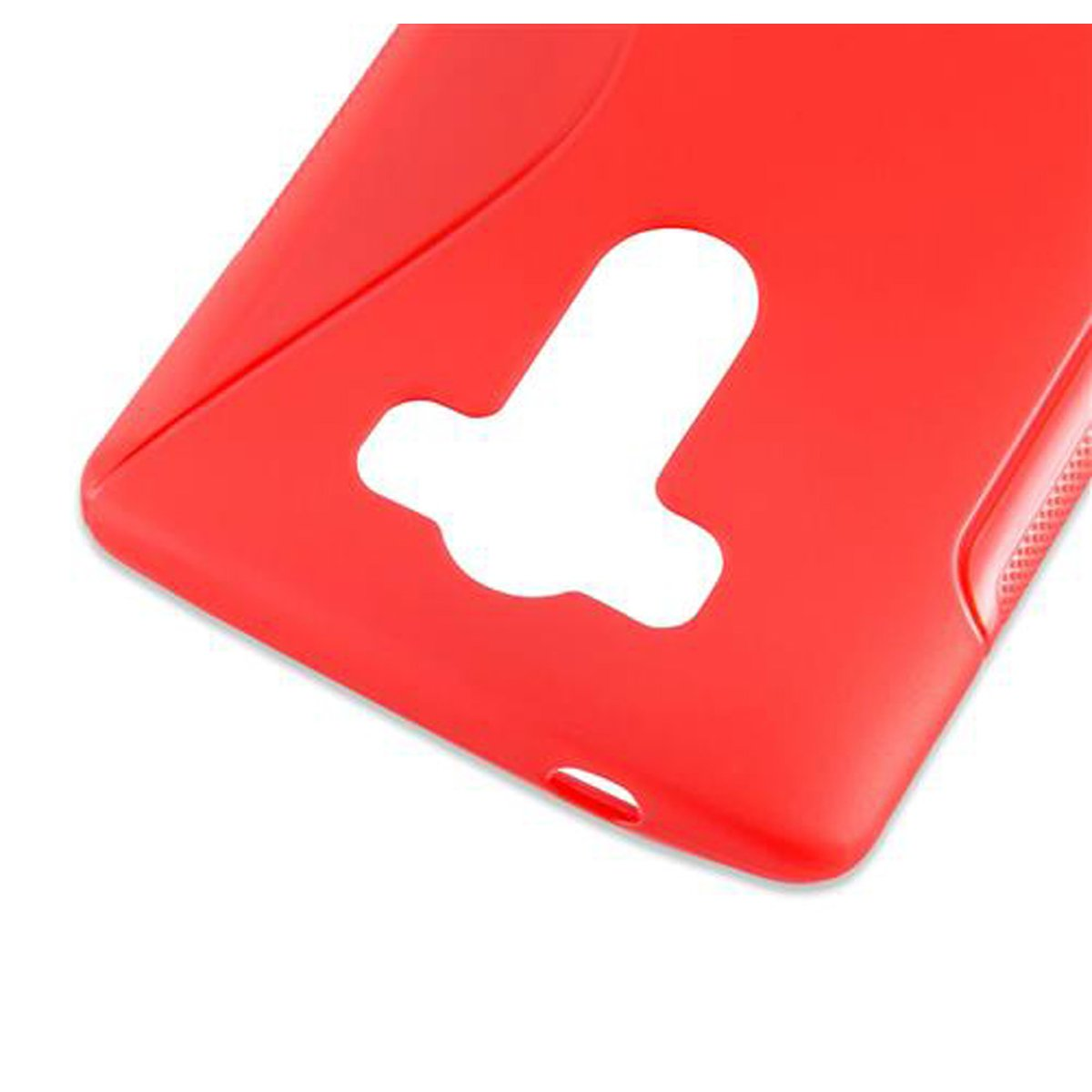 Funda de teléfono roja con recortes para cámara y botones. La funda es de color rojo sólido.
