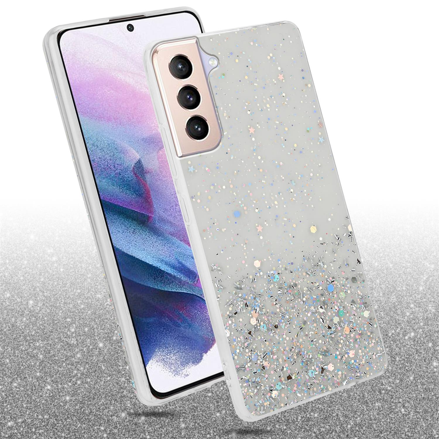 Eine Handyhülle mit Glitzer und ein Telefon auf einer weißen Oberfläche.