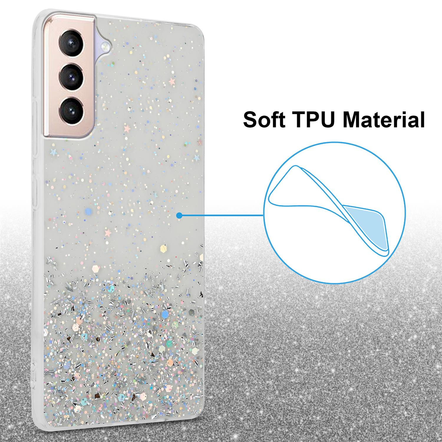 Handyhülle mit Glitzer, mit Telefon, auf Glitzerhintergrund.