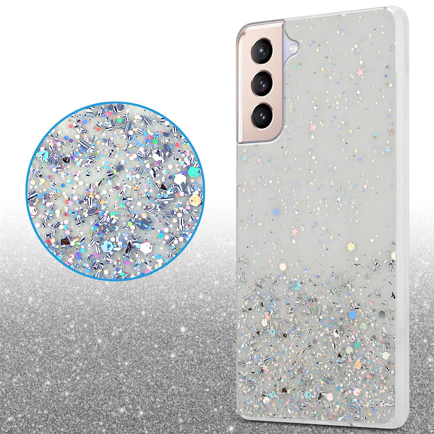 Handyhülle mit Glitzer. Eine Nahaufnahme des Glitzers ist links.