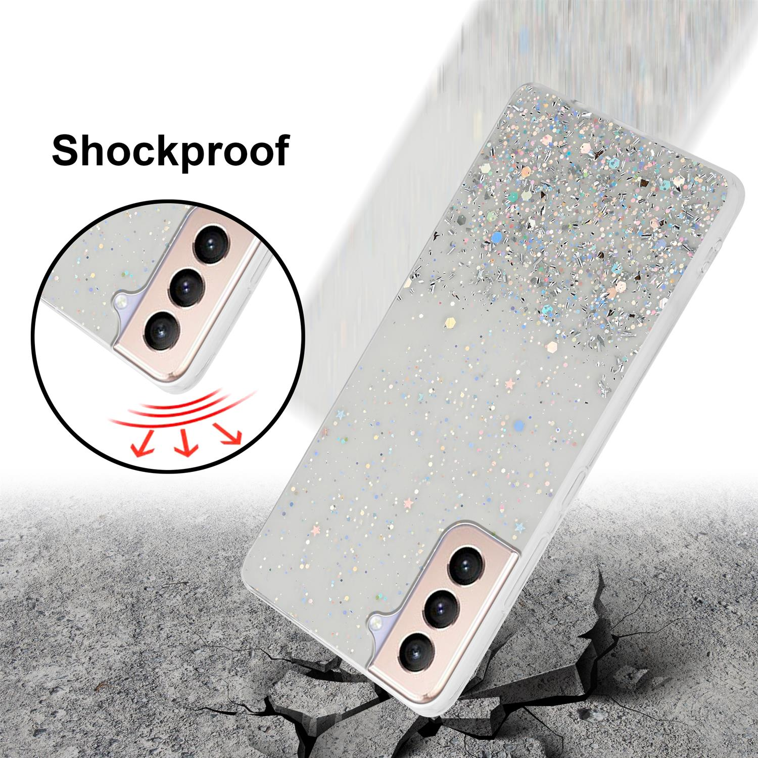 Glitzernde Handyhülle. Das Telefon liegt auf zerbrochenem Boden. Das Telefon im Kreis, Rückseite.
