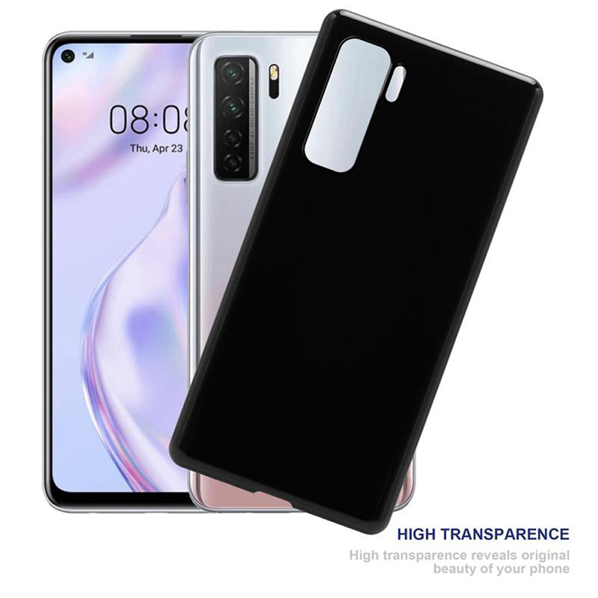 Telefon mit schwarzer Hülle. Die Hülle hat ein klares Design. Weißes Telefon im Hintergrund.