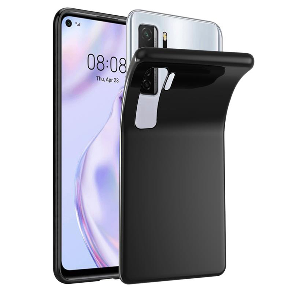 Schwarzes Telefon mit schwarzer Hülle, zeigt die Uhrzeit auf dem Bildschirm.