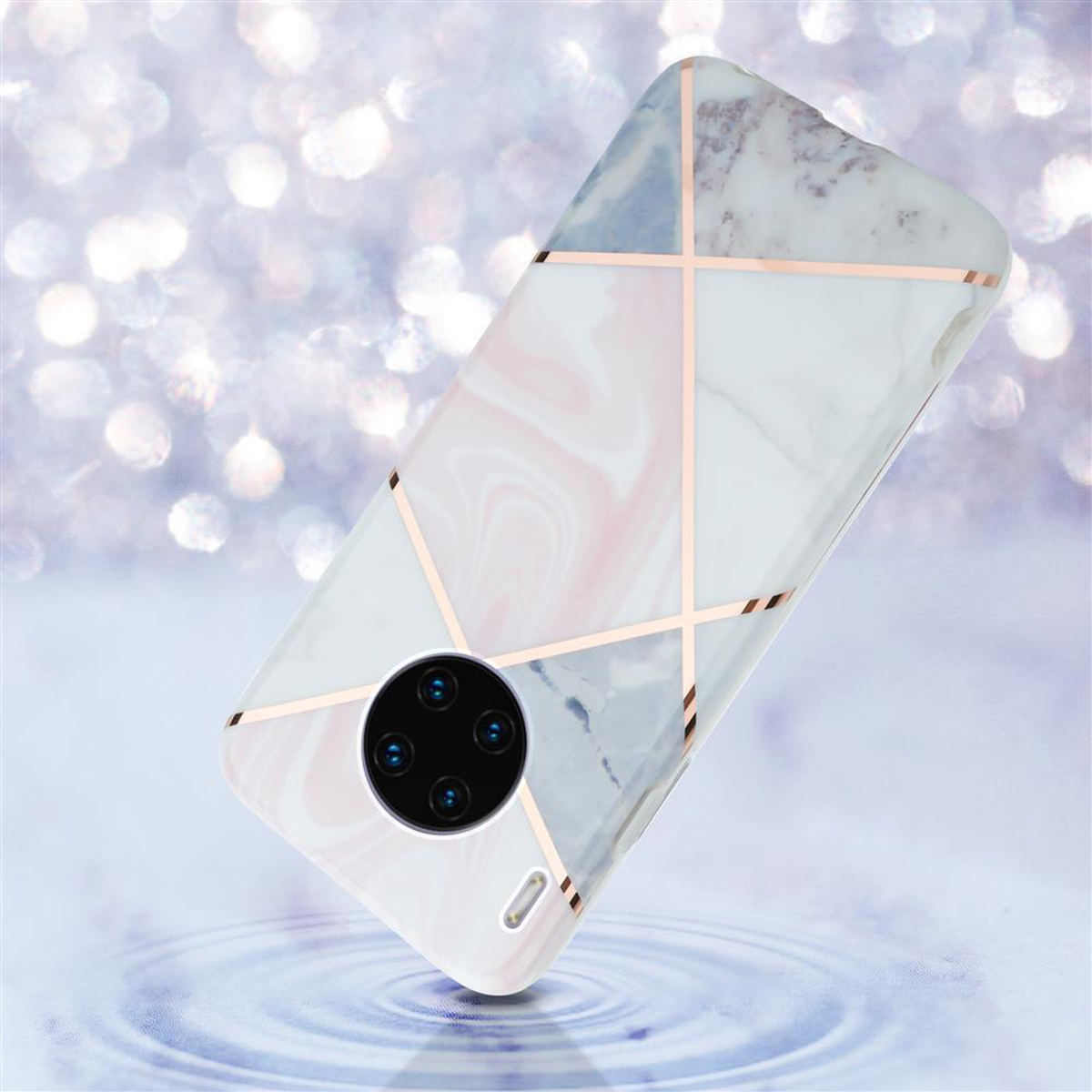 Una custodia per telefono con un design marmorizzato. La custodia ha uno sfondo bianco con accenti rosa e oro.
