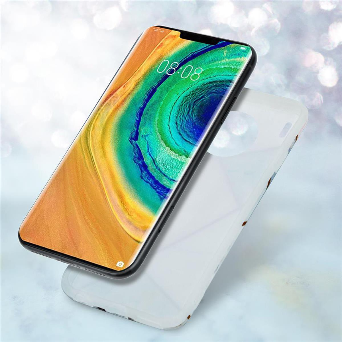 Uno smartphone e una custodia trasparente per telefono giacciono su una superficie con luci bokeh sfocate.