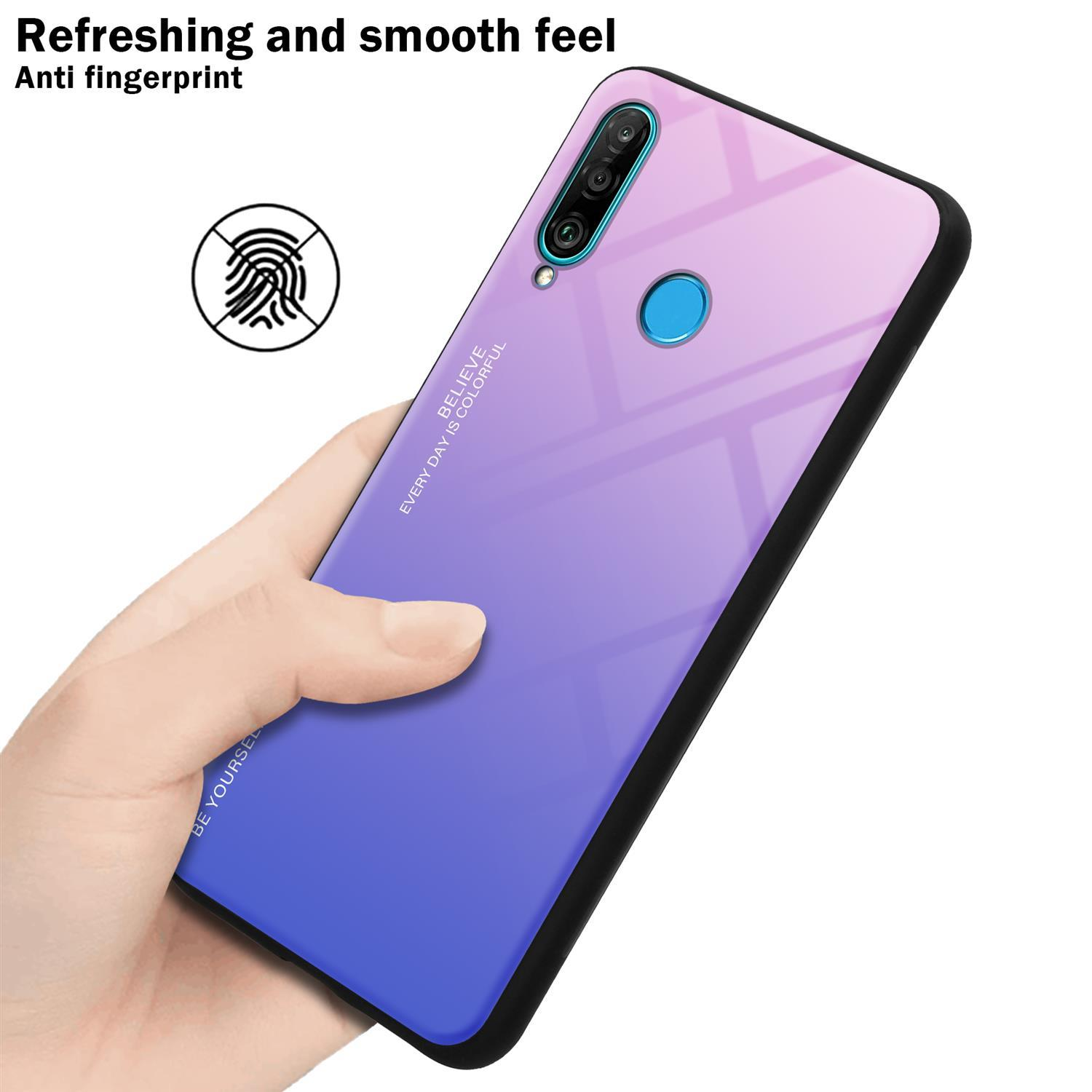Eine Hand, die ein Telefon mit einer blau-violetten Farbverlaufshülle hält. Auf dem Telefon steht 'Be Yourself'.