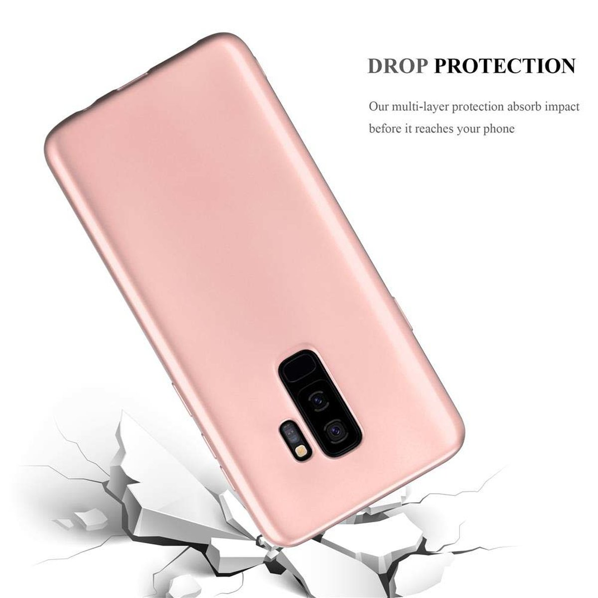 Eine pinkfarbene Handyhülle. Text: DROP PROTECTION, Our multi-layer protection absorb impact before it reaches your phone.