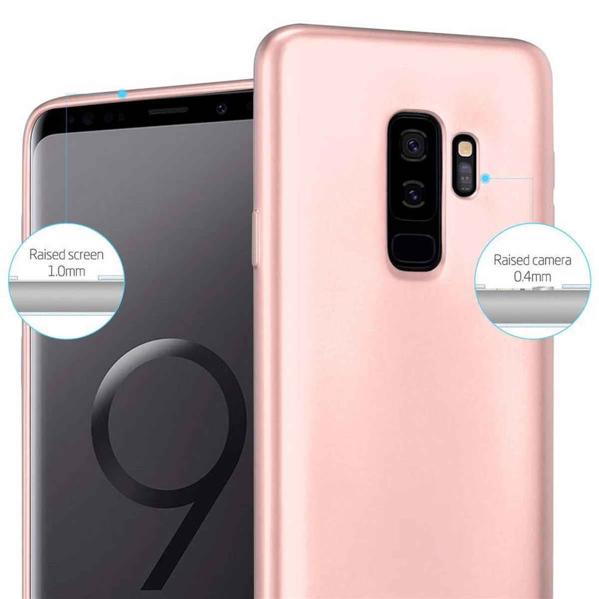 Eine rosa Handyhülle mit Telefon, zeigt erhöhten Bildschirm und Kamera.