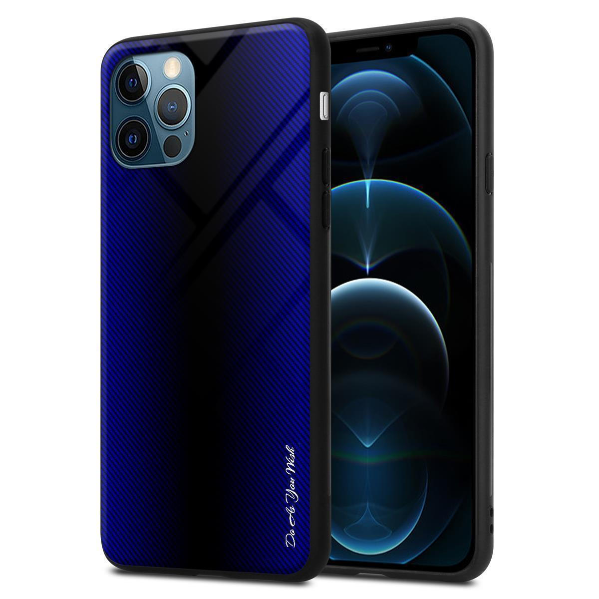 Schwarz-blaue Handyhülle. Telefonbildschirm sichtbar. Hintergrund: weiß.