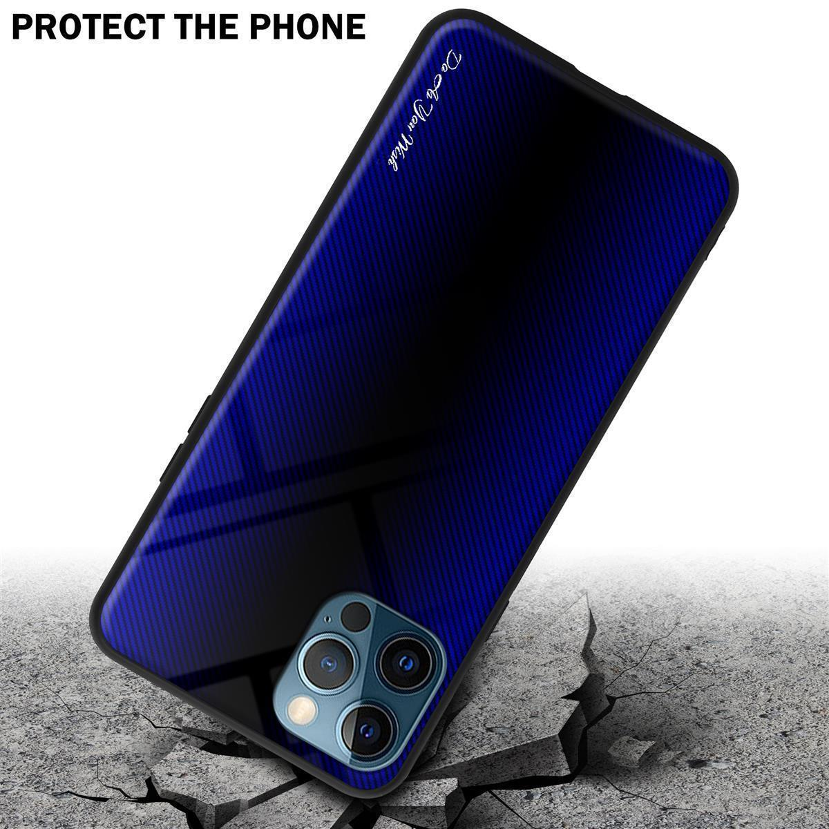 Handyhülle mit blauem Design und einem Telefon. Text: Schützen Sie das Telefon.