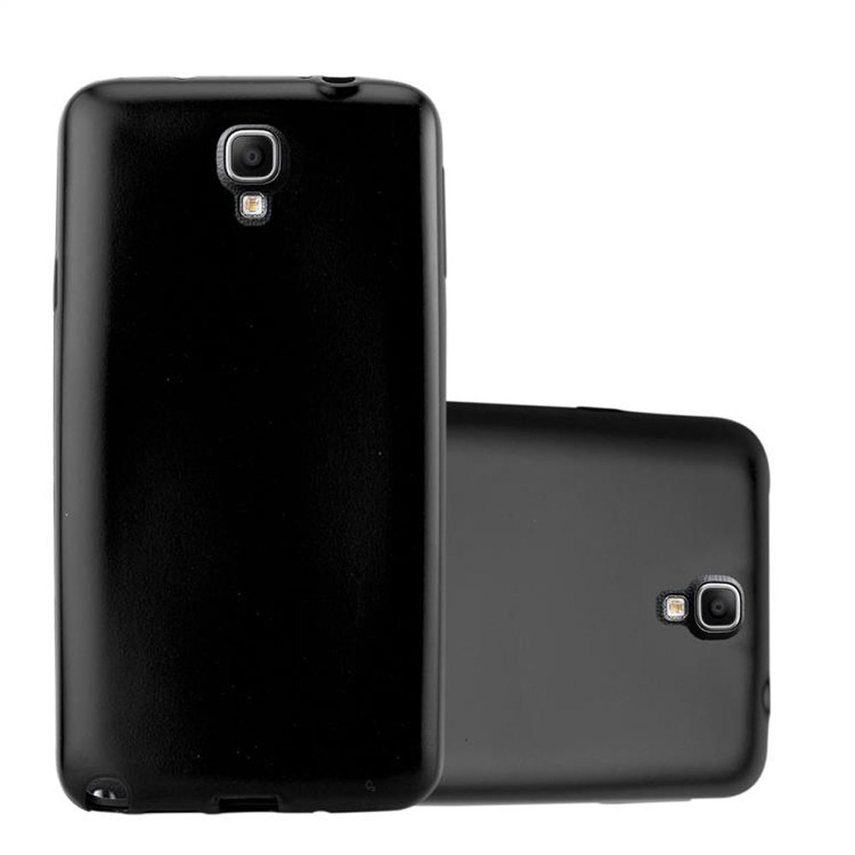 Schwarze Handyhülle mit einem Telefon. Das Telefon zeigt die Uhrzeit und einen Hintergrund aus abstrakten Farben.