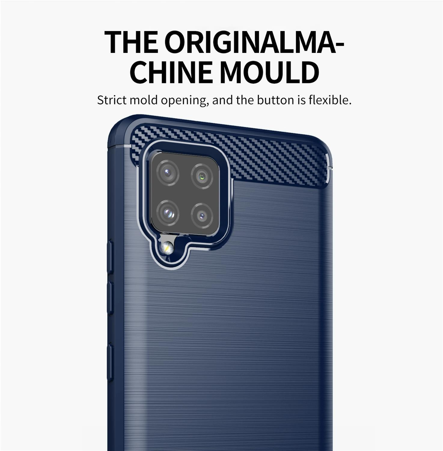 Primo piano di una custodia per telefono blu scuro. Il testo dice 'LO STAMPO ORIGINALE DELLA MACCHINA'.