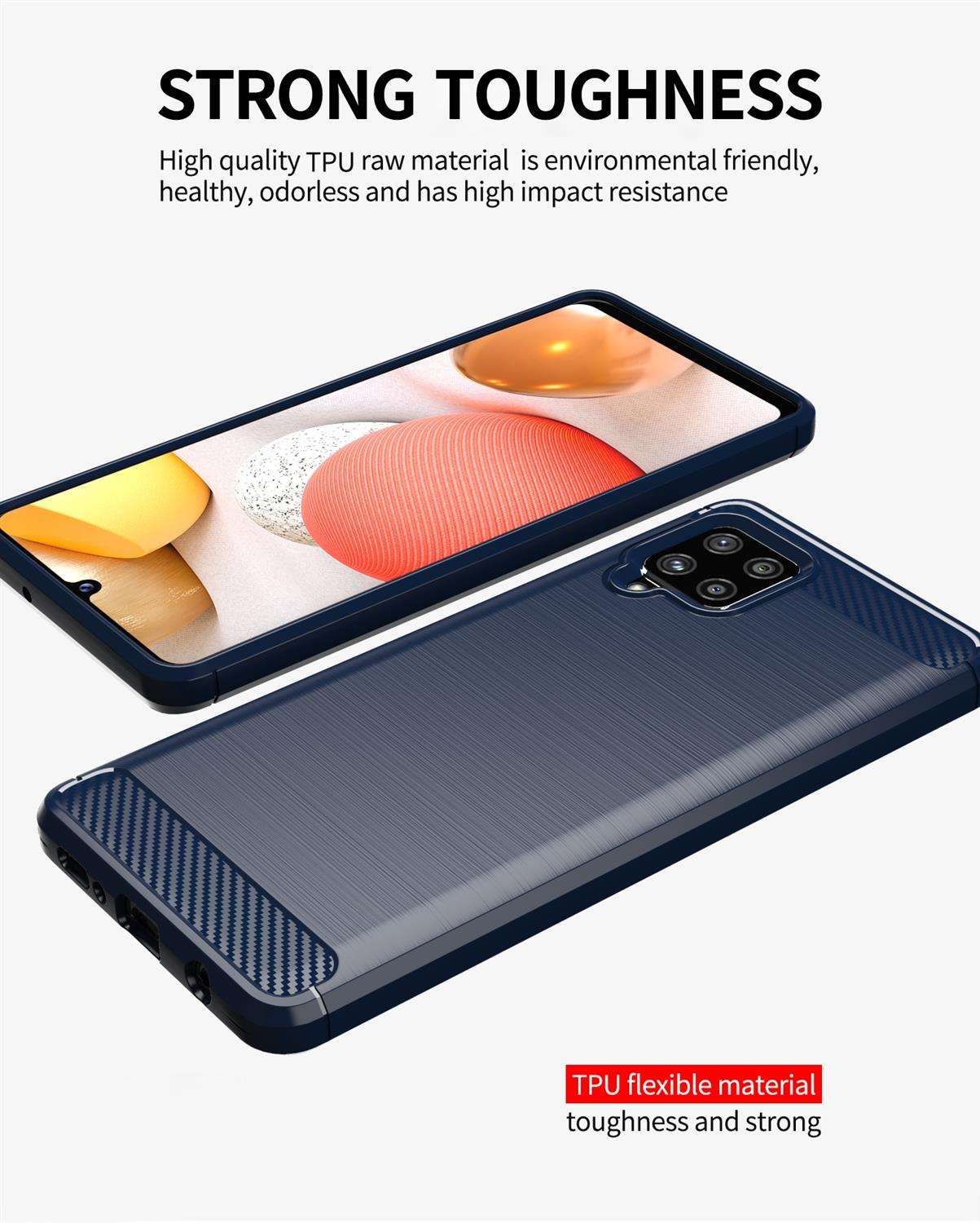 Un telefono e una custodia con un design blu e nero. Testo: Forte tenacità. Materiale TPU flessibile.