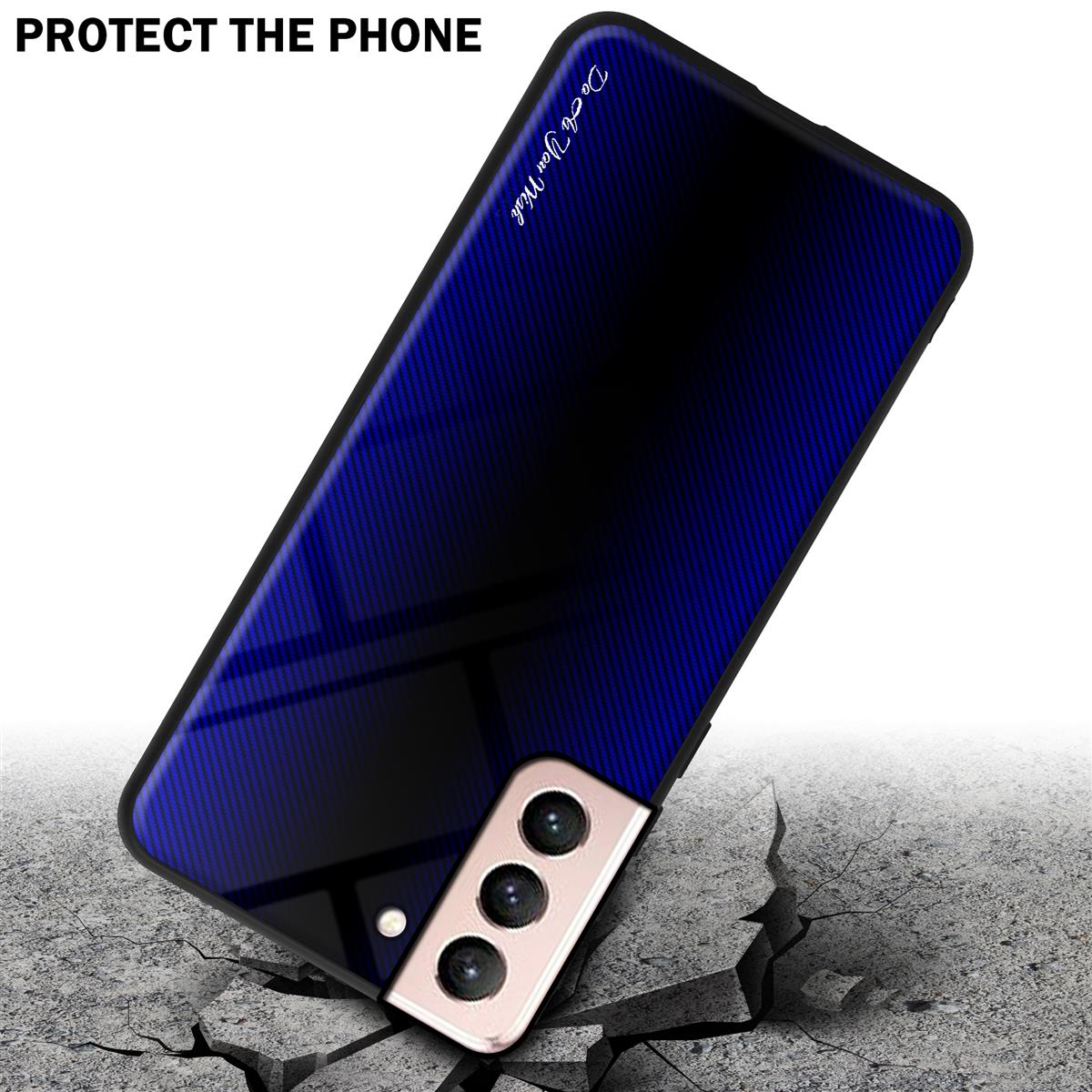 Custodia per telefono con sfumatura blu-nera, pavimento incrinato. Testo: Proteggi il telefono.