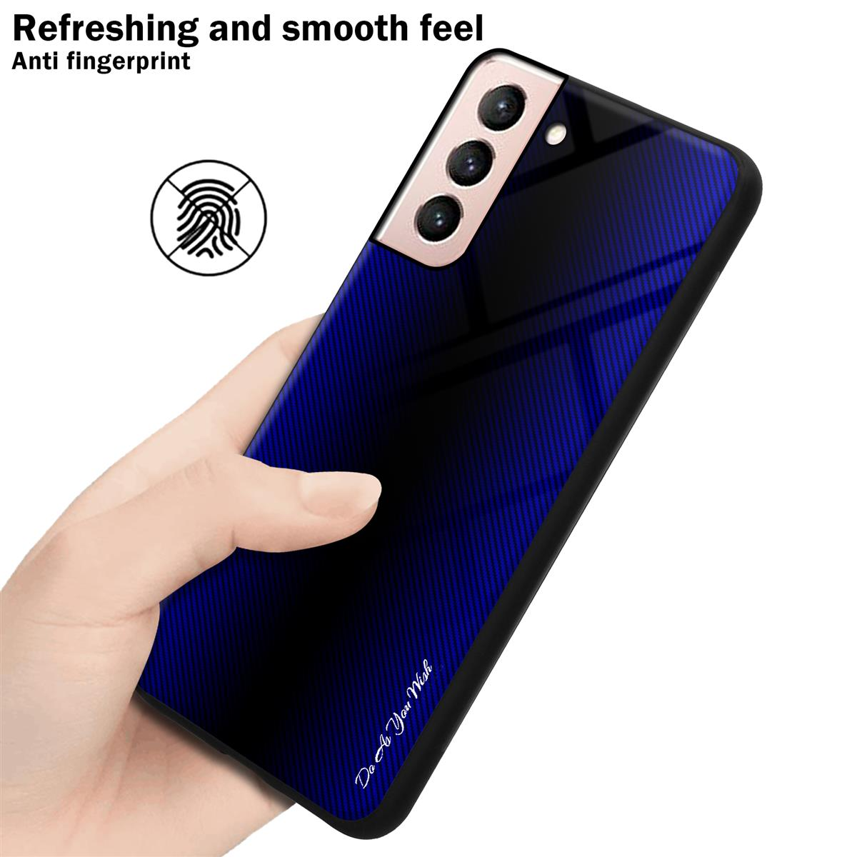 Una custodia per telefono blu e nera tenuta in mano. Il telefono è blu e nero, anti-impronta.