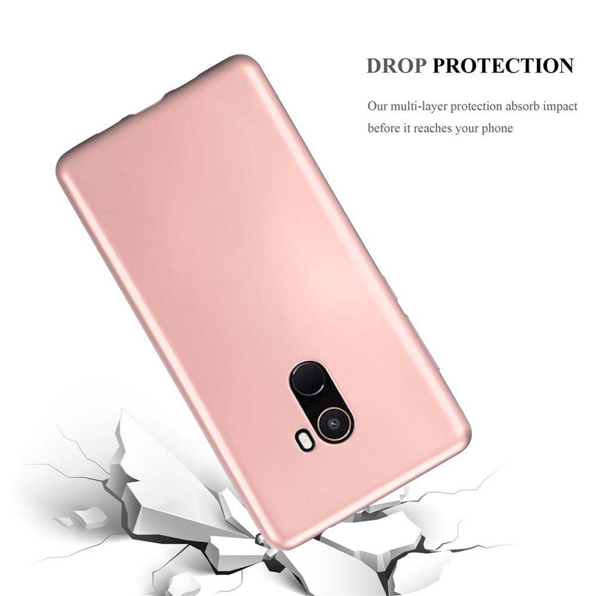 Eine rosa Handyhülle fällt, mit einer zerbrochenen Oberfläche. Text sagt: 'DROP PROTECTION'.