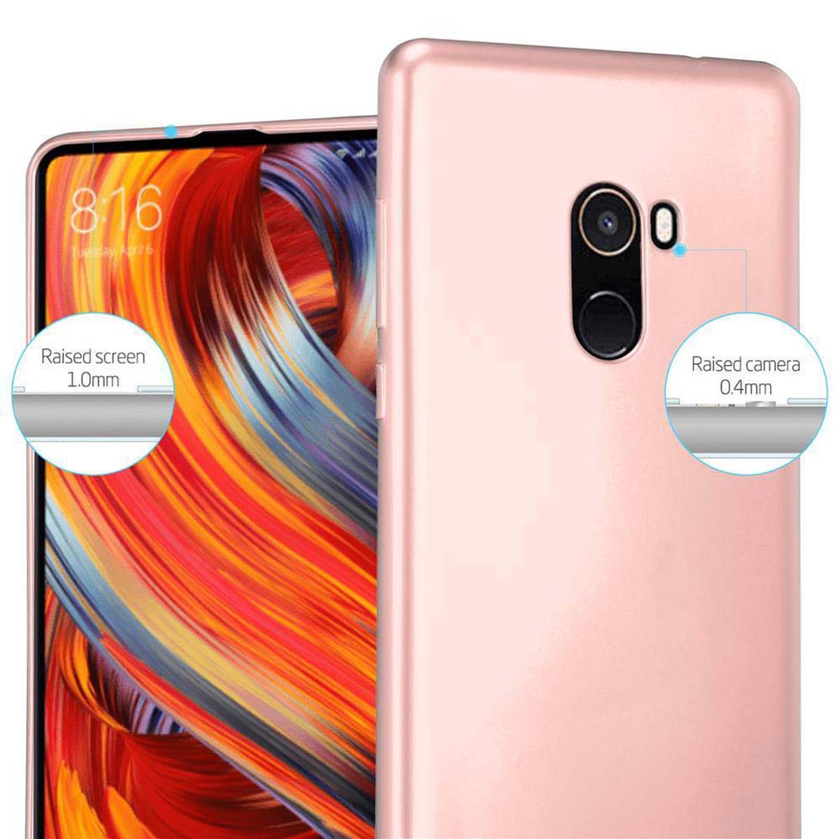 Eine rosa Handyhülle mit einem teilweise darin befindlichen Telefon. Text lautet 'Erhöhter Bildschirm 1,0 mm' und 'Erhöhte Kamera 0,4 mm'.
