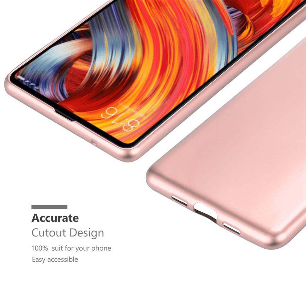 Nahaufnahme einer roségoldenen Handyhülle mit Telefon. Text: 'Accurate Cutout Design'.