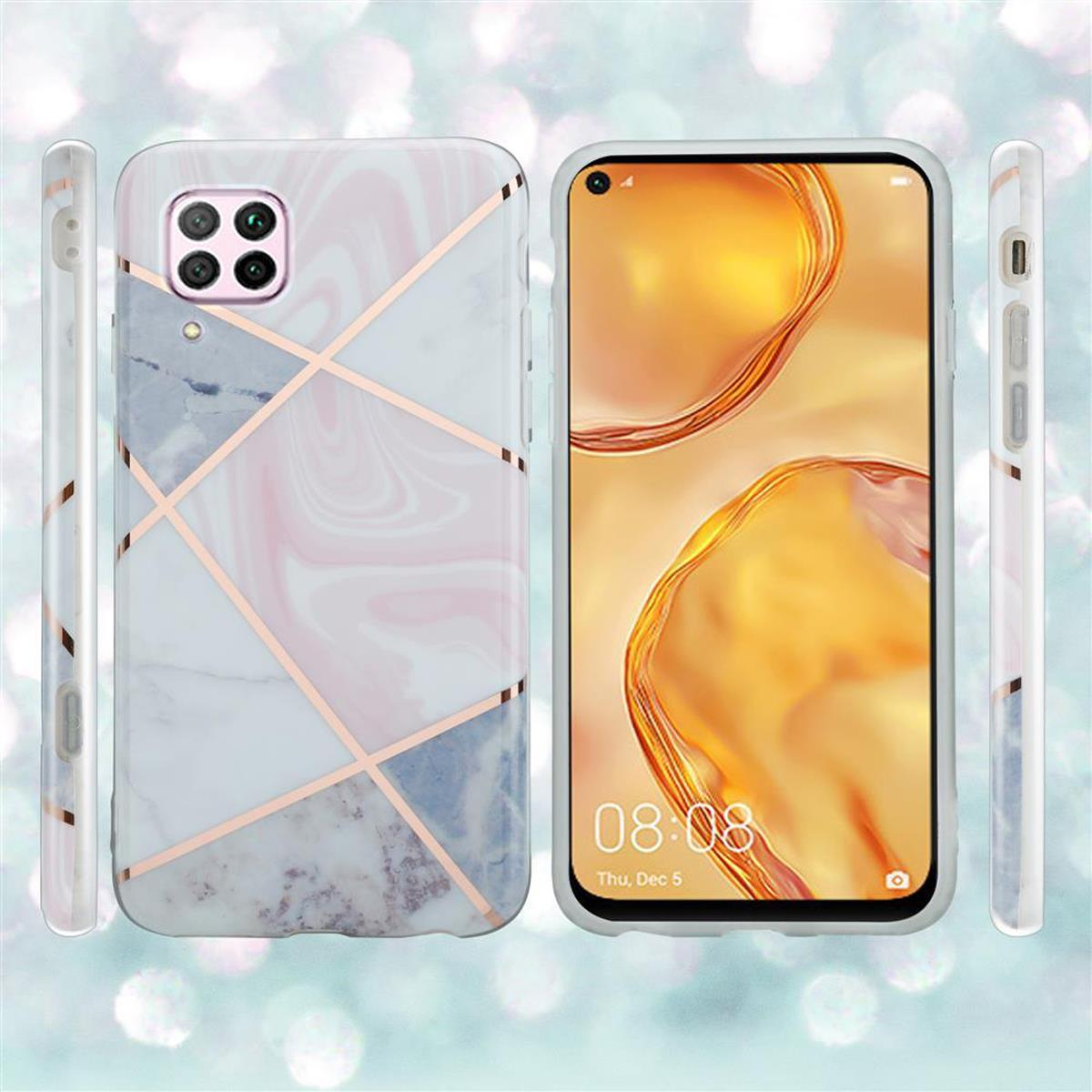 Custodie per telefono, design a marmo con linee dorate, tre custodie e un telefono.