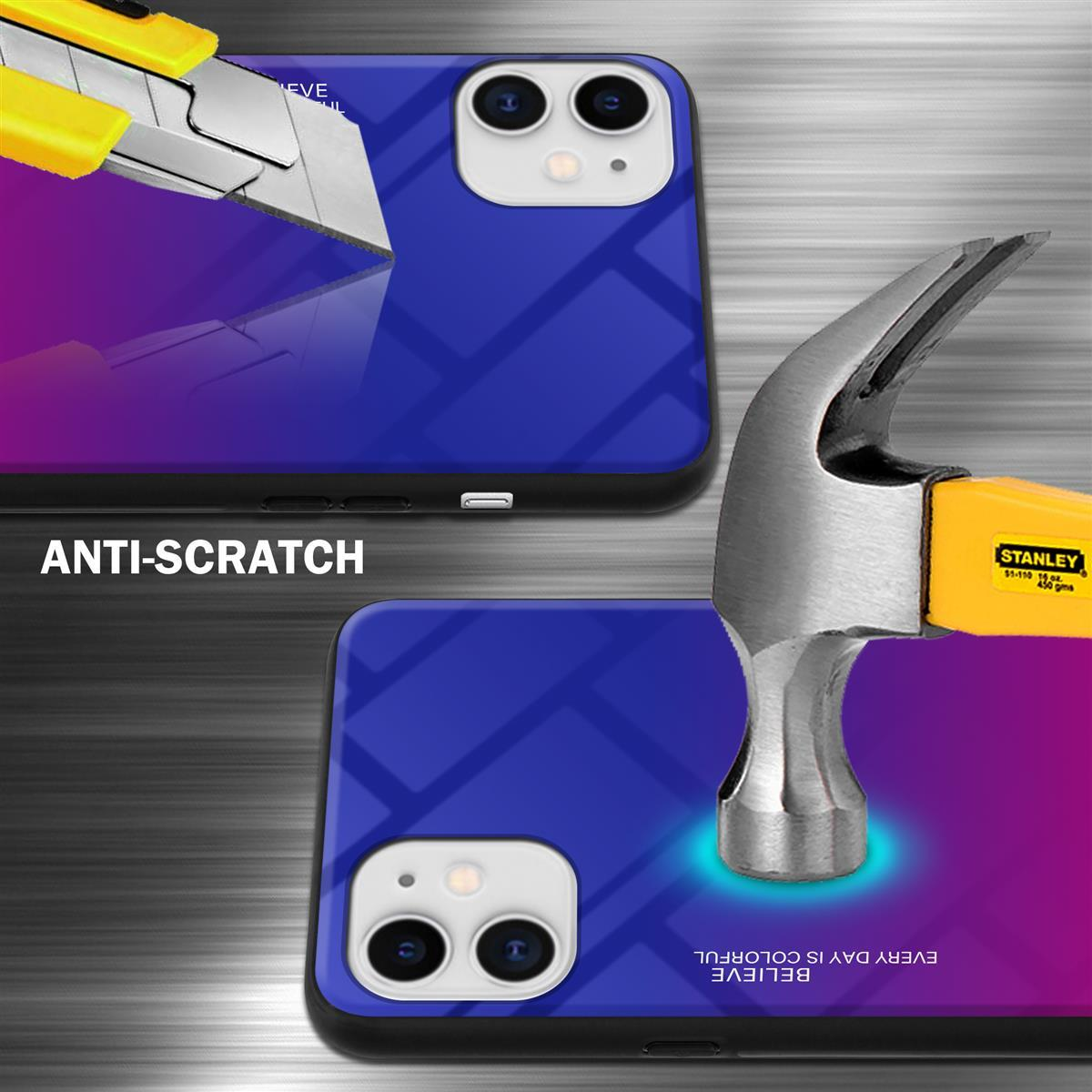 Custodie per telefono testate con un coltello e un martello. Testo: Antigraffio.