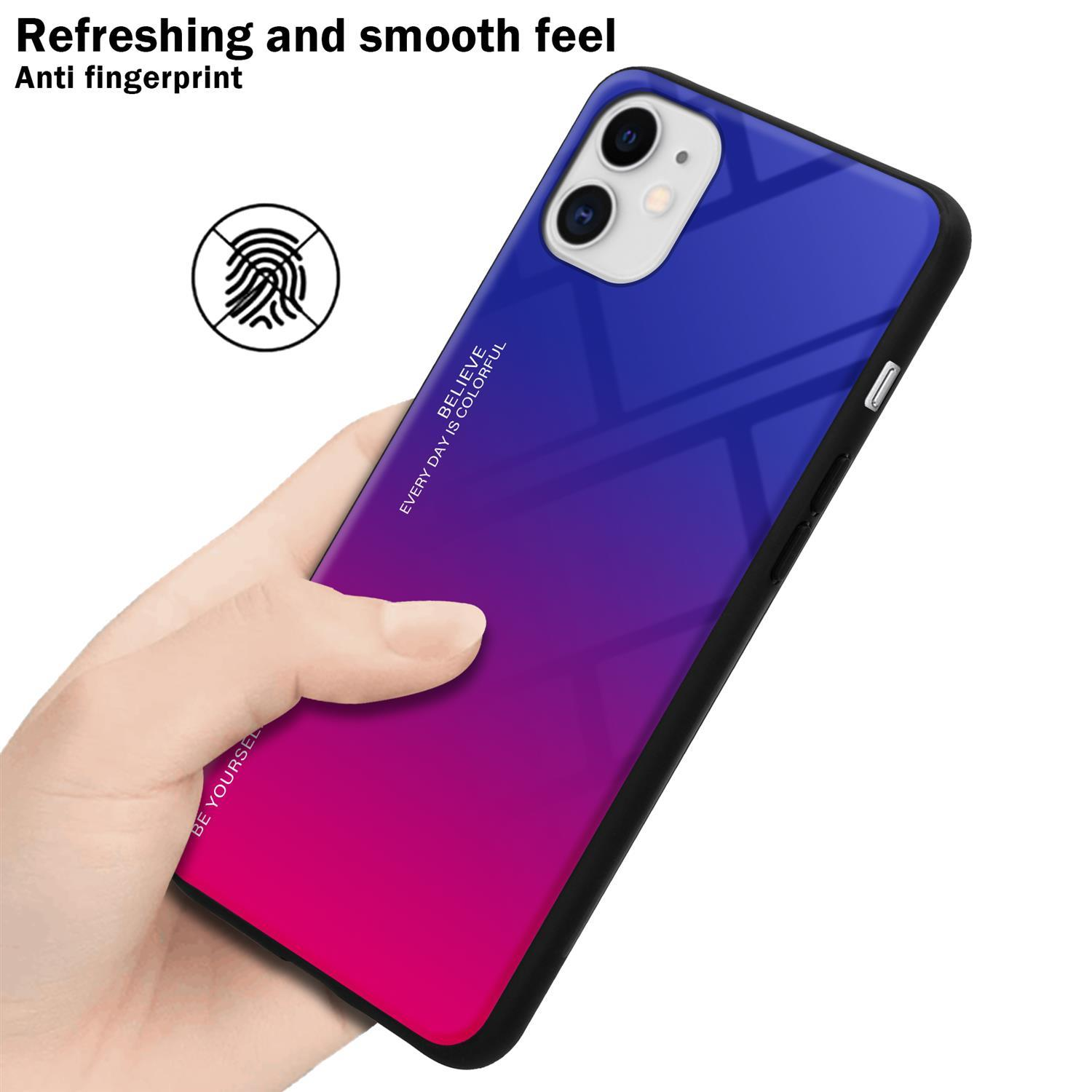 Mano che tiene un telefono con custodia sfumata. Testo: Anti impronte digitali.
