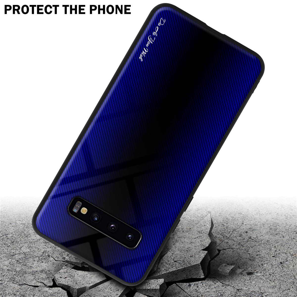 Un telefono in una custodia blu scuro con effetto terreno incrinato, il testo recita 'PROTECT THE PHONE'.
