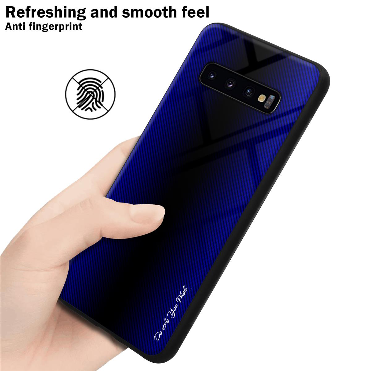 Mano che tiene un telefono con una custodia sfumata blu e nera. Il telefono dice 'Do As You Will'.